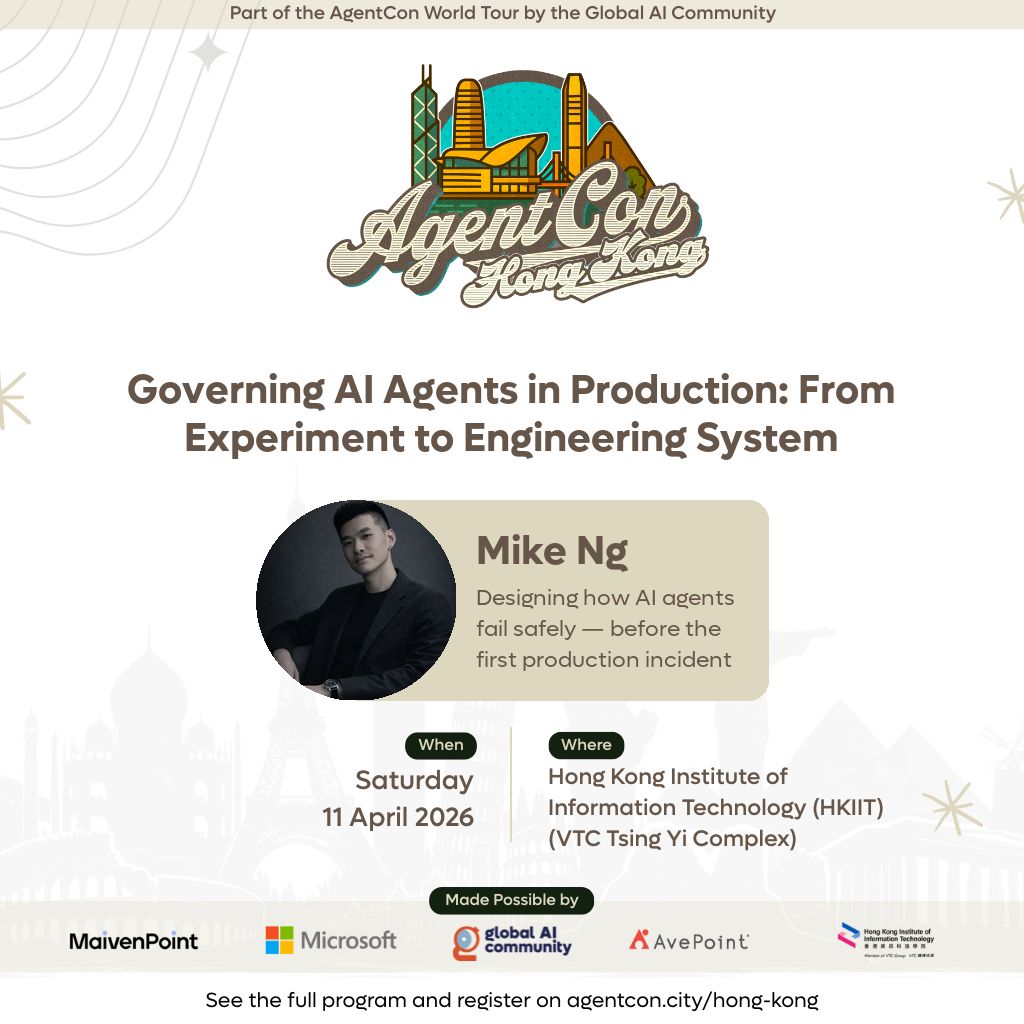 Mike Ng 在 AgentCon Hong Kong 分享 production AI agents governance 的活動圖